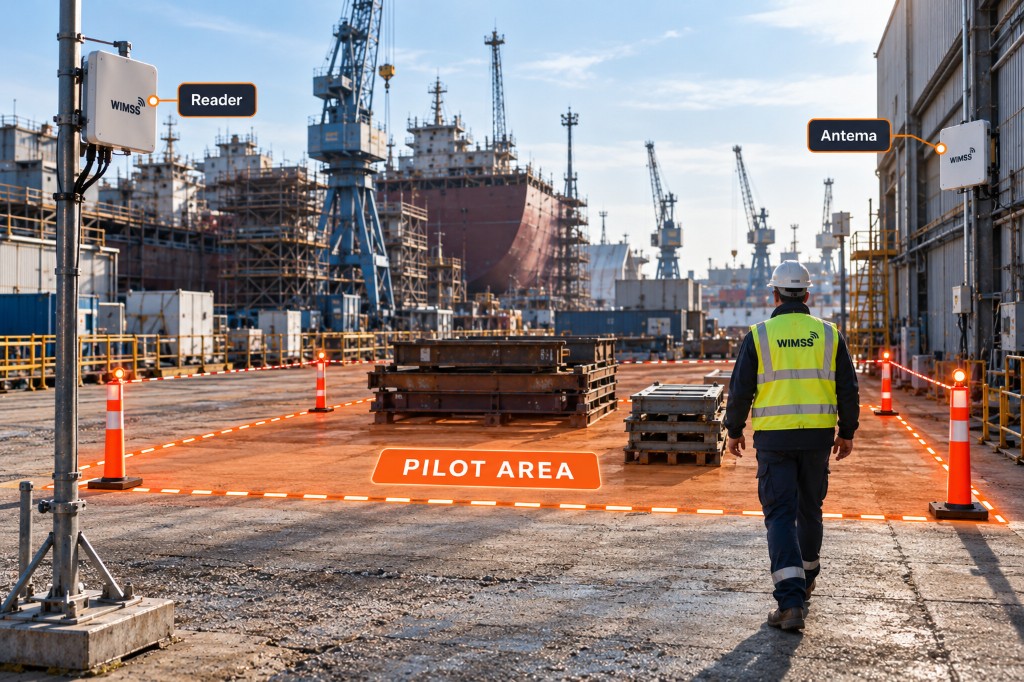 WIMSS pilot area in a shipyard with a defined zone, reader and antenna