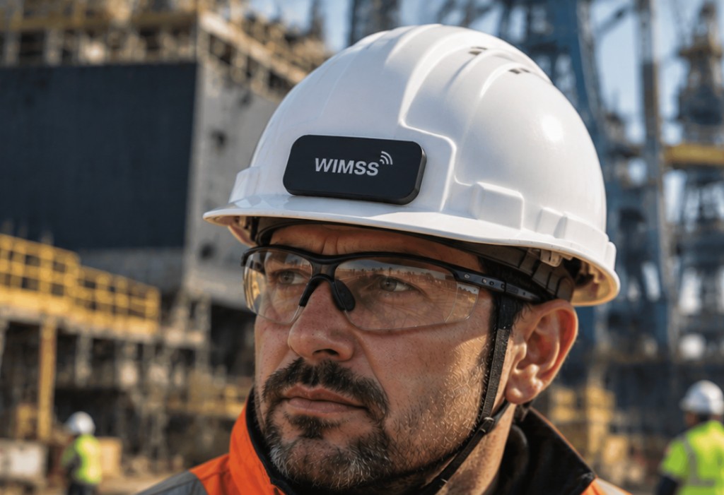 Industrial worker wearing a hard hat with a WIMSS tag