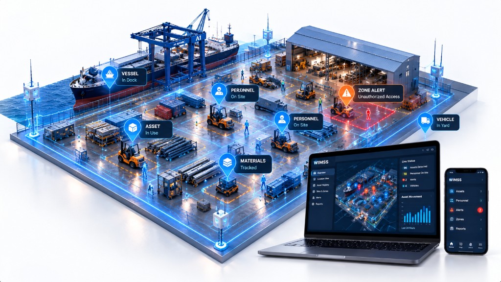 Isometric shipyard with tracked assets, workforce and live operational dashboards