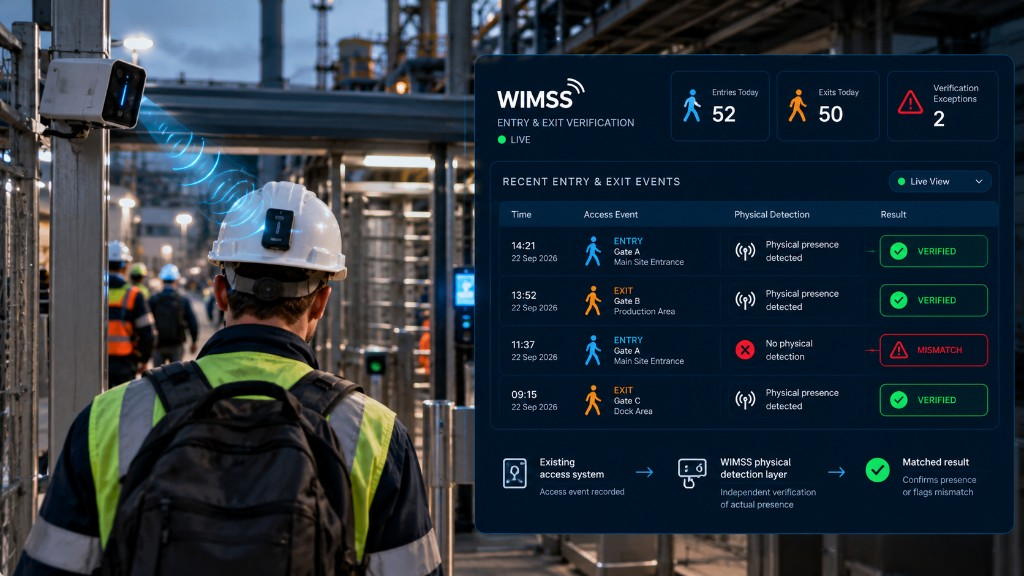 WIMSS Entry and Exit Verification at a site access point, matching existing access events with independent physical presence detection to confirm verified entry or a mismatch.