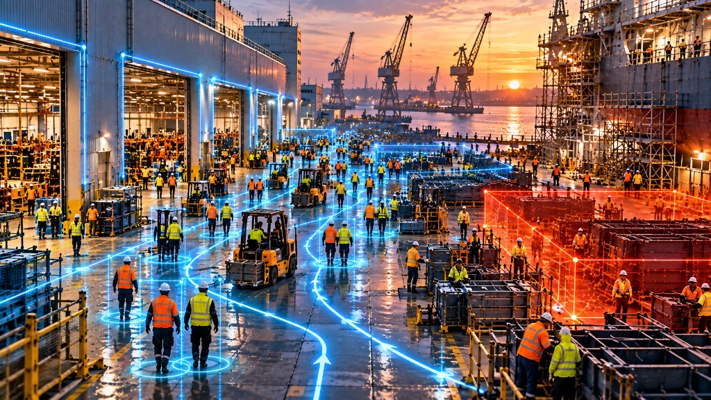 Photorealistic industrial shipyard with a WIMSS digital visibility layer: cyan workforce detection paths, operational routes and a restricted zone.