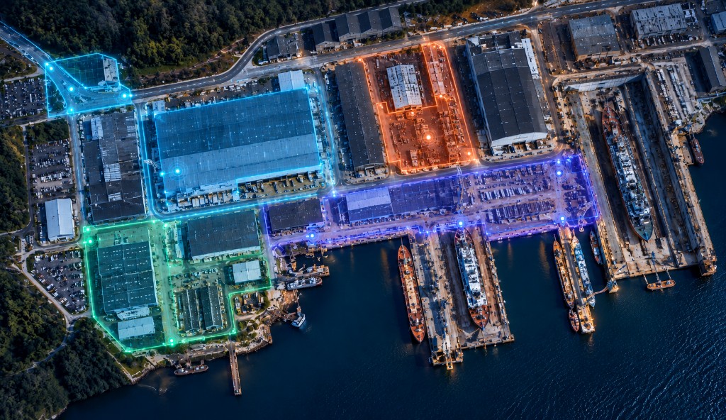 Live WIMSS Workforce Presence view over an industrial shipyard, with digitally defined operational zones and current workforce counts.