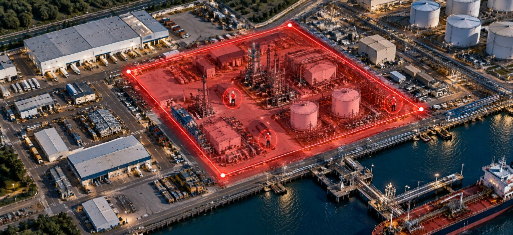 WIMSS Restricted Areas view of a virtual red geofence over an industrial dock facility, with workforce presence inside the controlled zone.